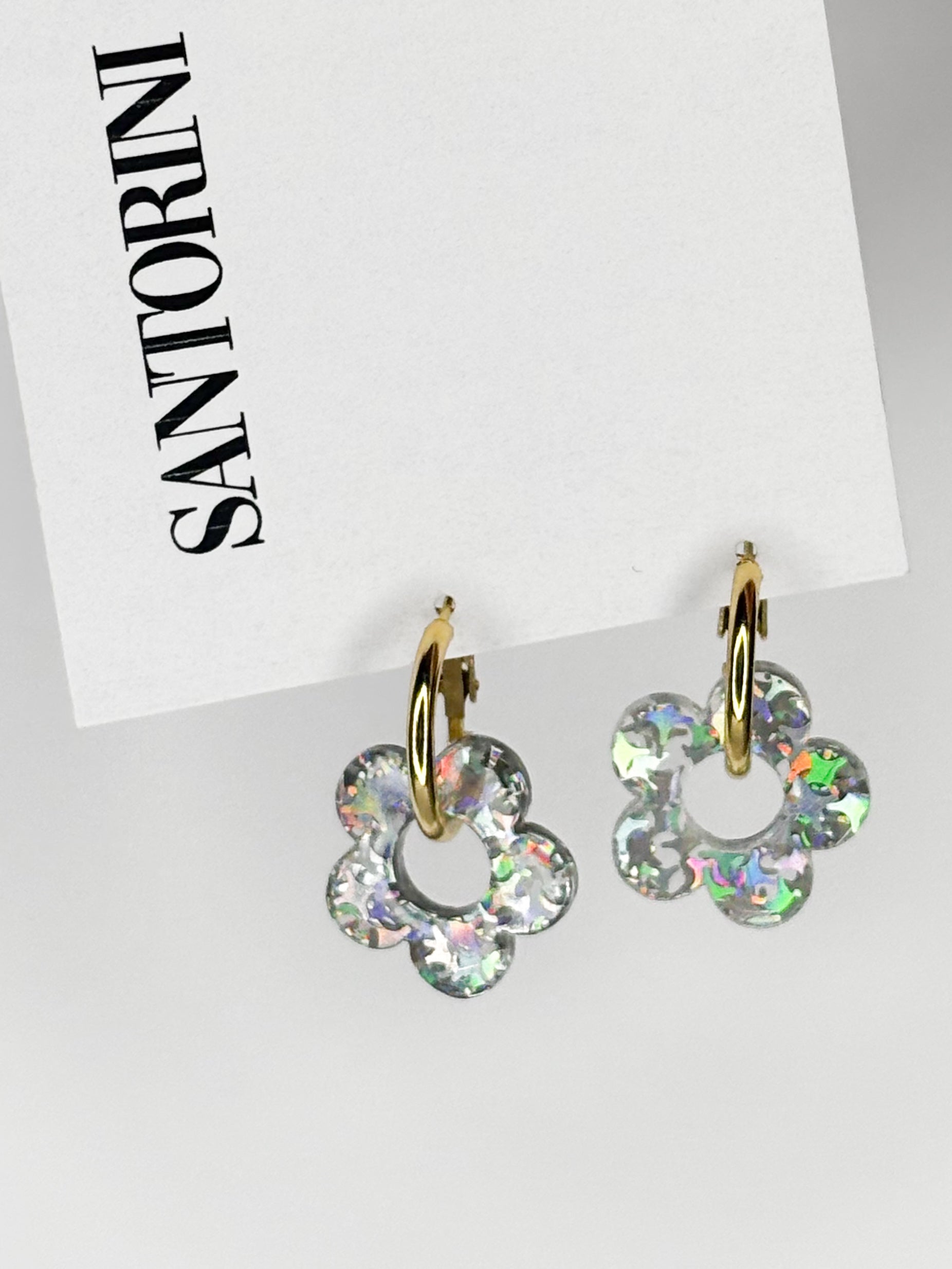 Aritos florcitas brillantina holográfico